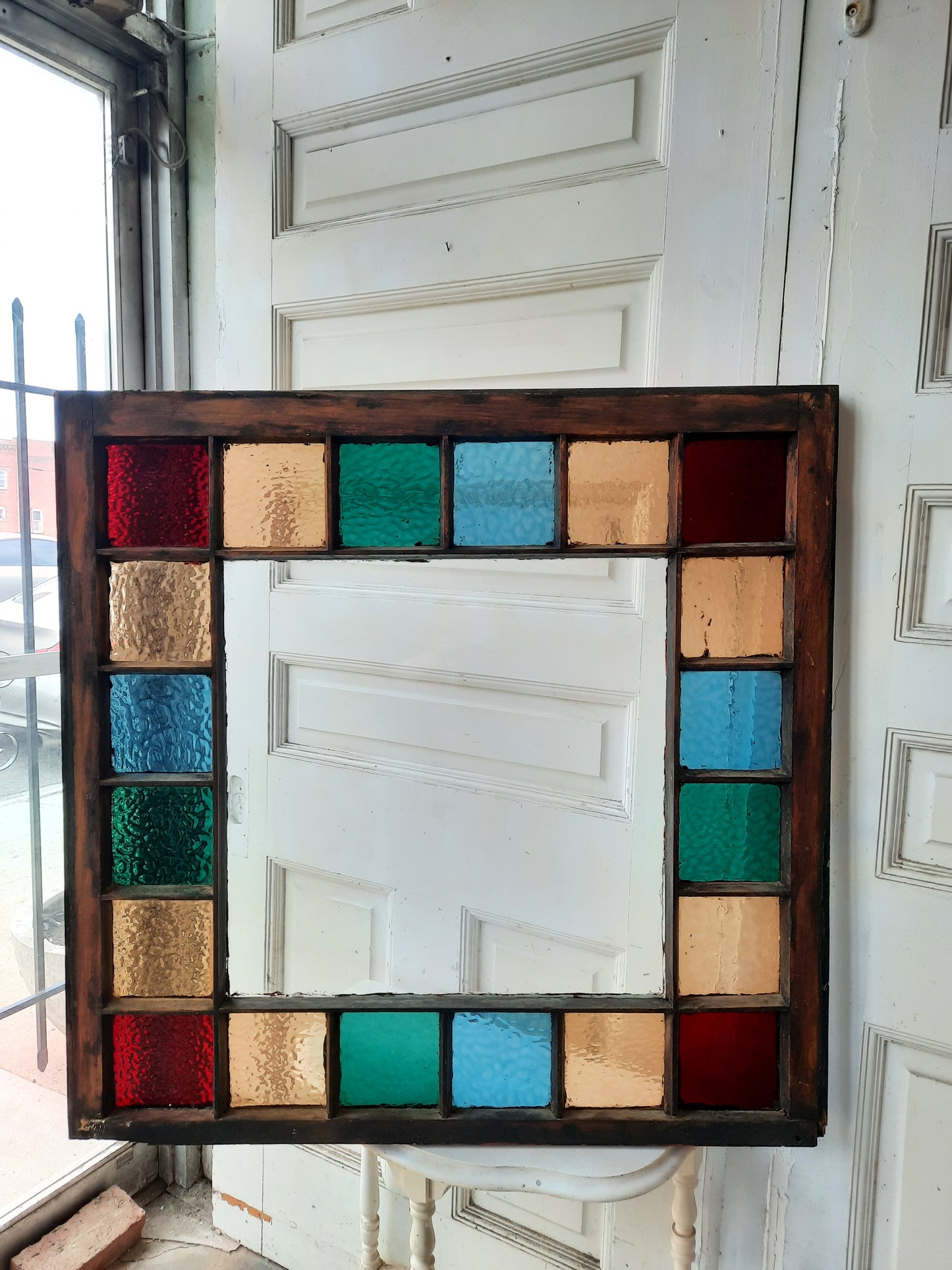 Queen Anne Style Colored Glass Window, Antique Stained Glass Red, Peach, and Blue Window