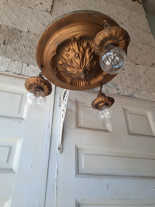 Brass Pan Light with Exposed Bulb Sockets, 1900s Vintage Three Chain Sheffield Style Chandelier