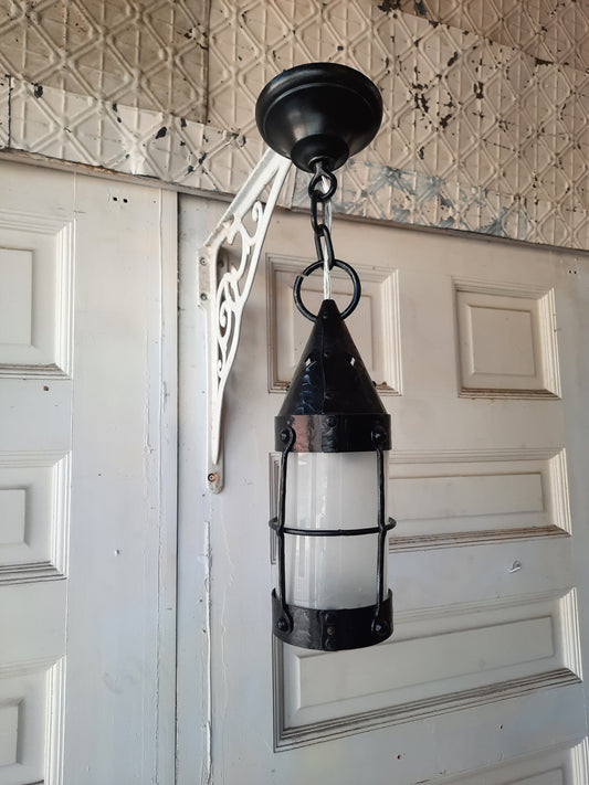 Vintage Punched Metal Porch Lantern Light, Small Round Arts and Crafts Style Lantern