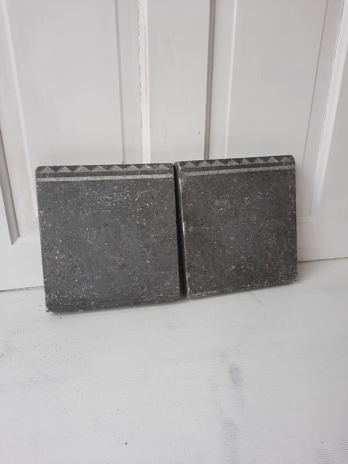 Two Gray Etched Granite Plinth Blocks, Antique Carved Marble or Granite Rosettes or Plinths