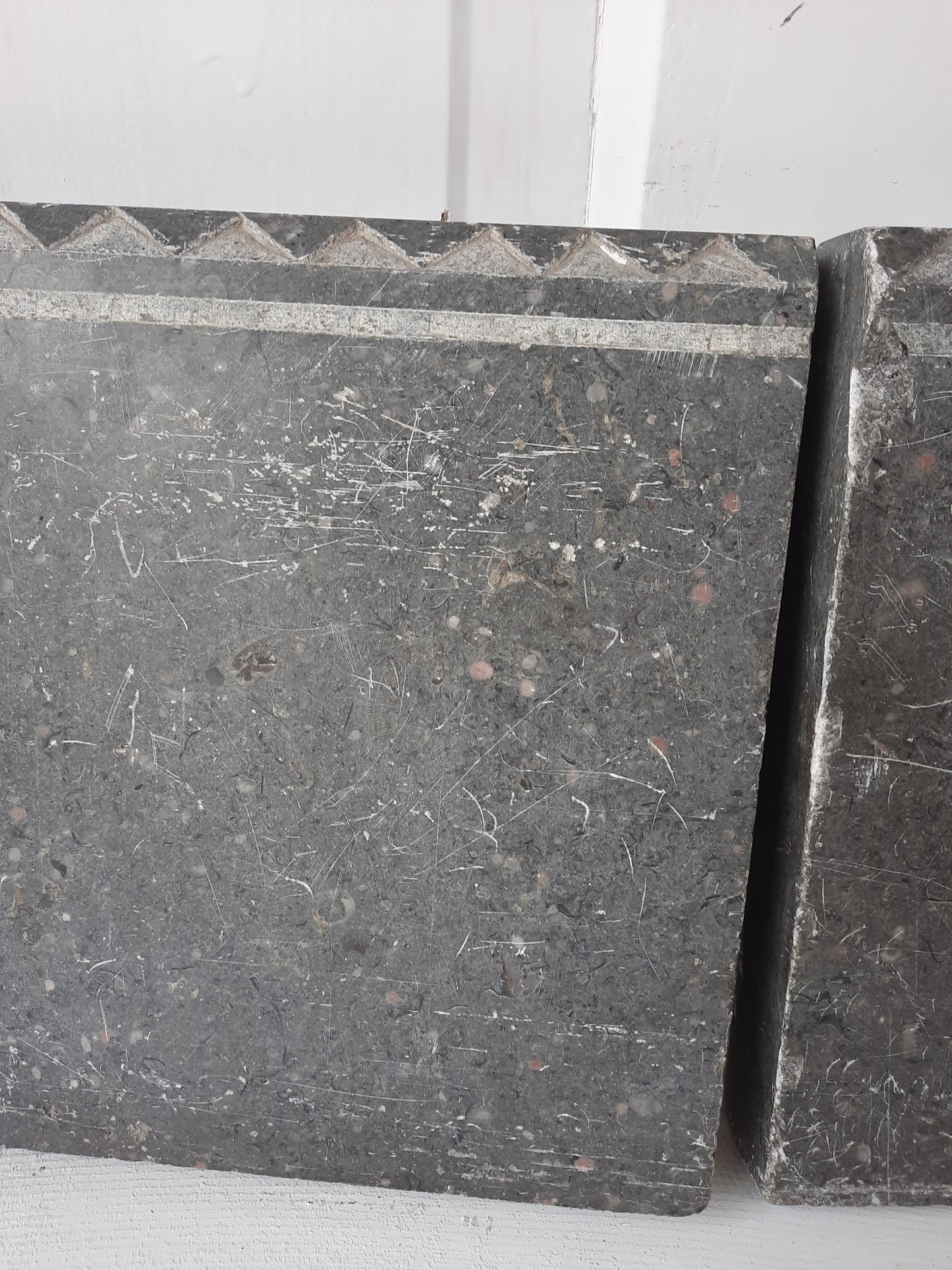 Two Gray Etched Granite Plinth Blocks, Antique Carved Marble or Granite Rosettes or Plinths