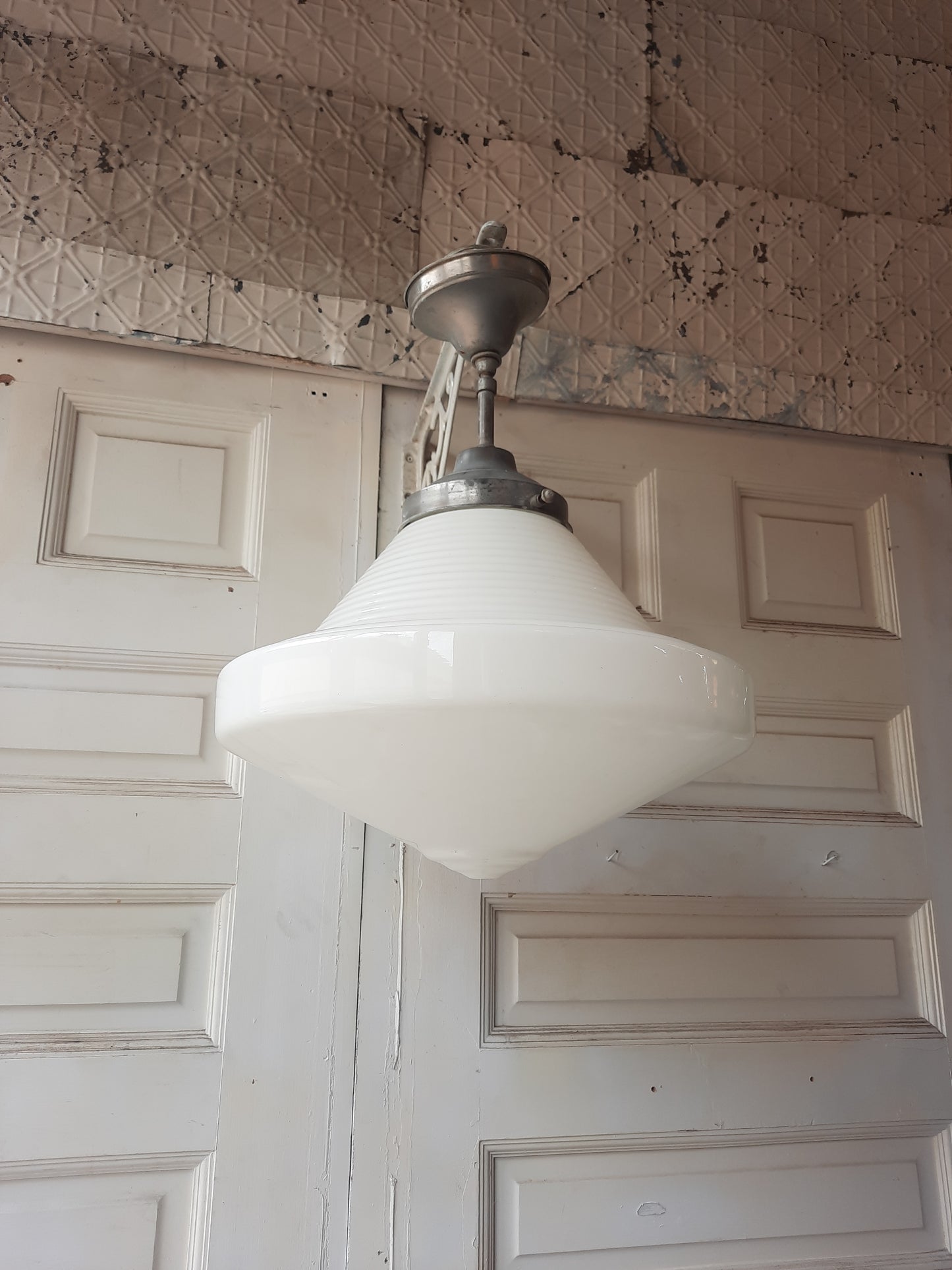 Large Art Deco Schoolhouse Light with Milk Glass Globe, Art Deco Style Silver and White Light