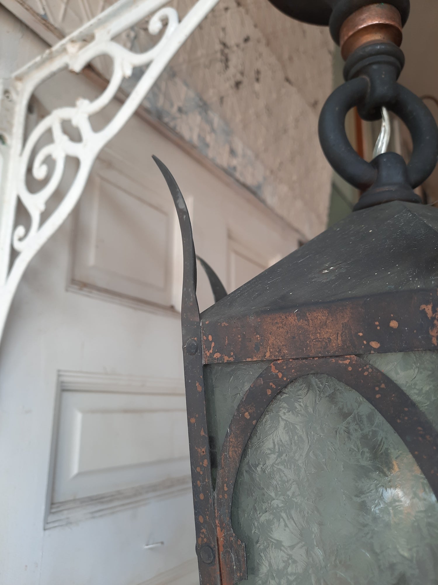 Large Solid Bronze Gothic or Tudor Style Lantern, Vintage Porch