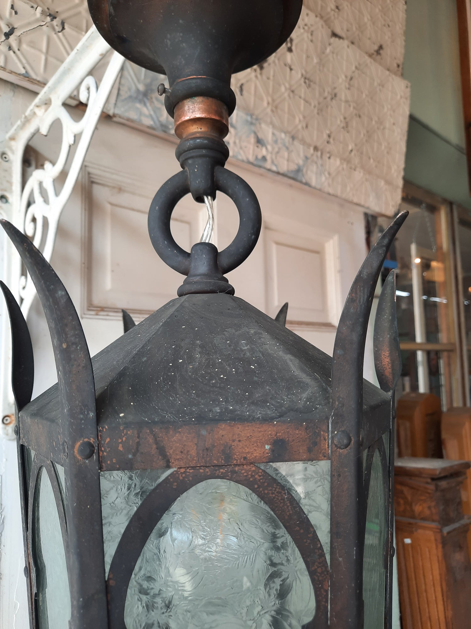 Large Solid Bronze Gothic or Tudor Style Lantern, Vintage Porch