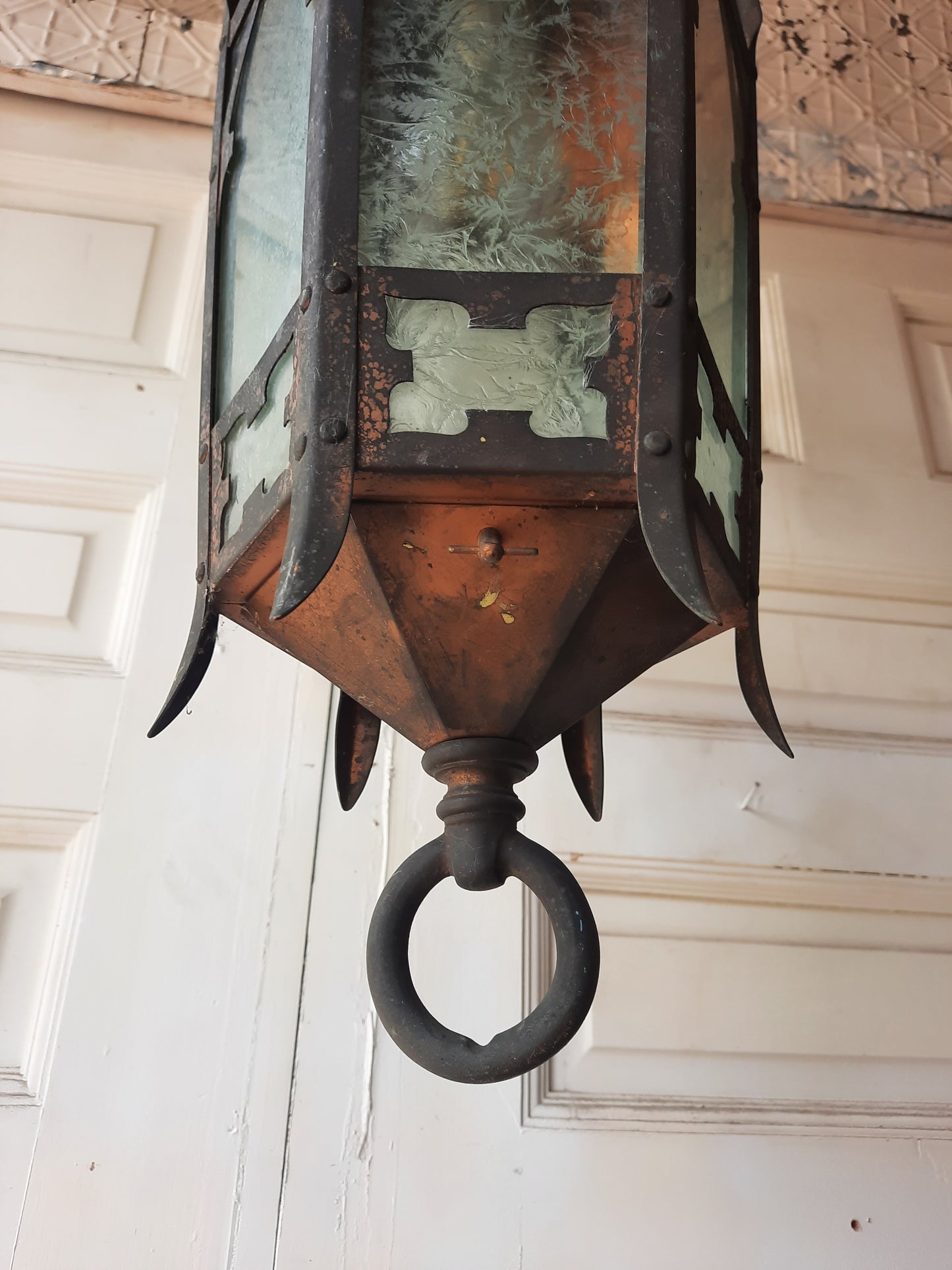 Large Solid Bronze Gothic or Tudor Style Lantern, Vintage Porch Lantern with Textured Glass