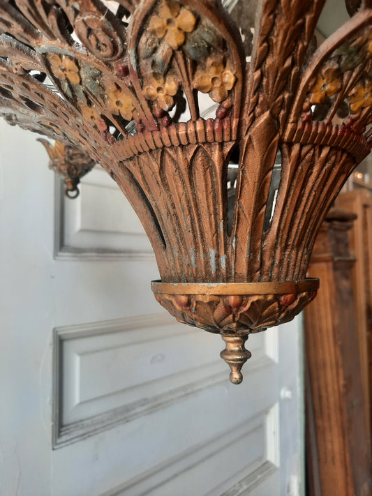 Antique Polychrome Cast Metal Chandelier with Candle Sockets, Hand Painted Fancy Floral Chandelier