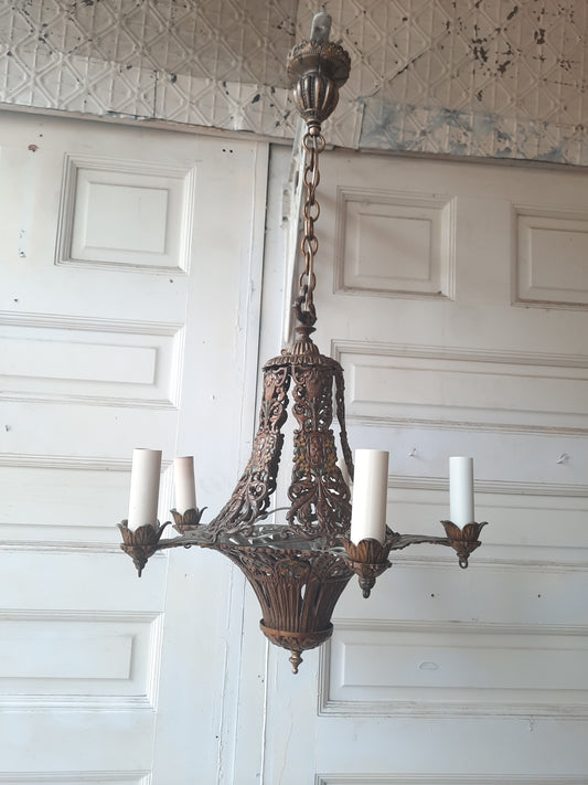 Antique Polychrome Cast Metal Chandelier with Candle Sockets, Hand Painted Fancy Floral Chandelier