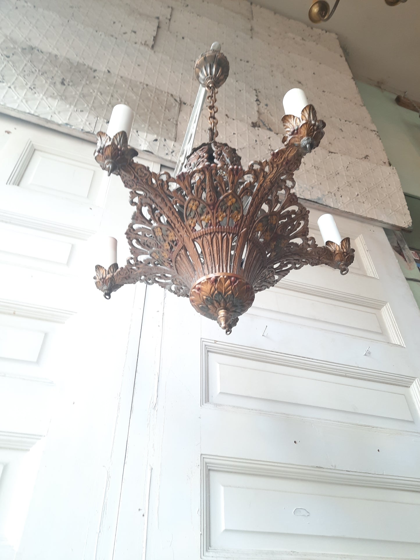 Antique Polychrome Cast Metal Chandelier with Candle Sockets, Hand Painted Fancy Floral Chandelier