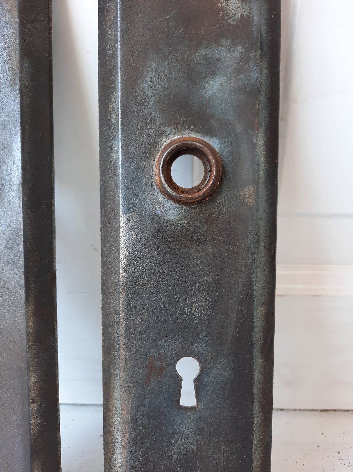 Pair of Large, Plain Antique Door Knob Backplates, Vintage Steel Doorknob Escutcheon Plates