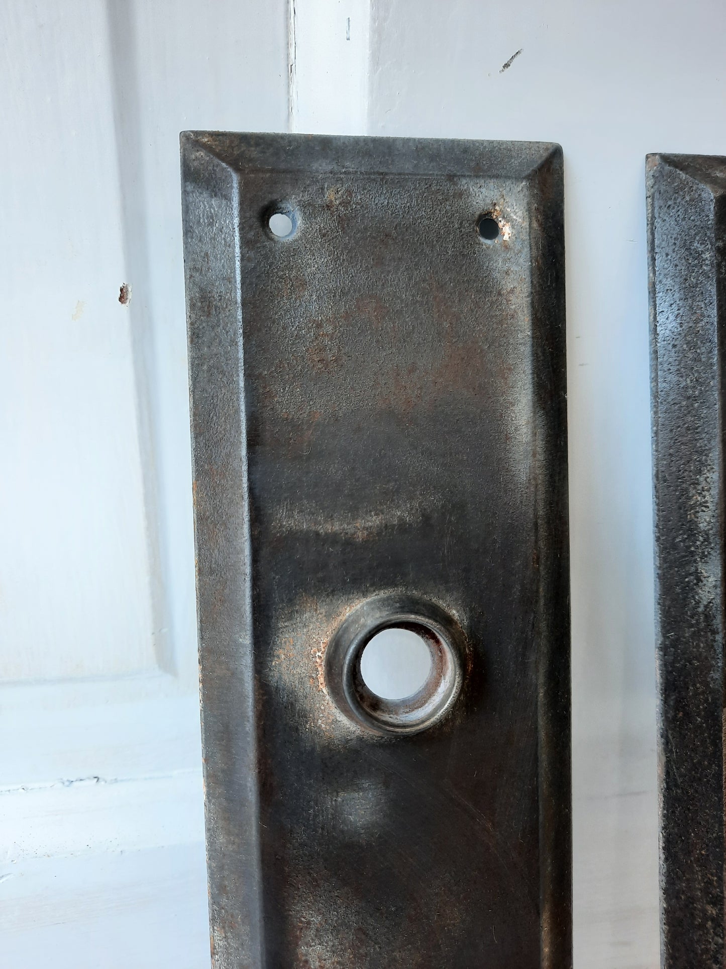 Pair of Large, Plain Antique Door Knob Backplates, Vintage Steel Doorknob Escutcheon Plates