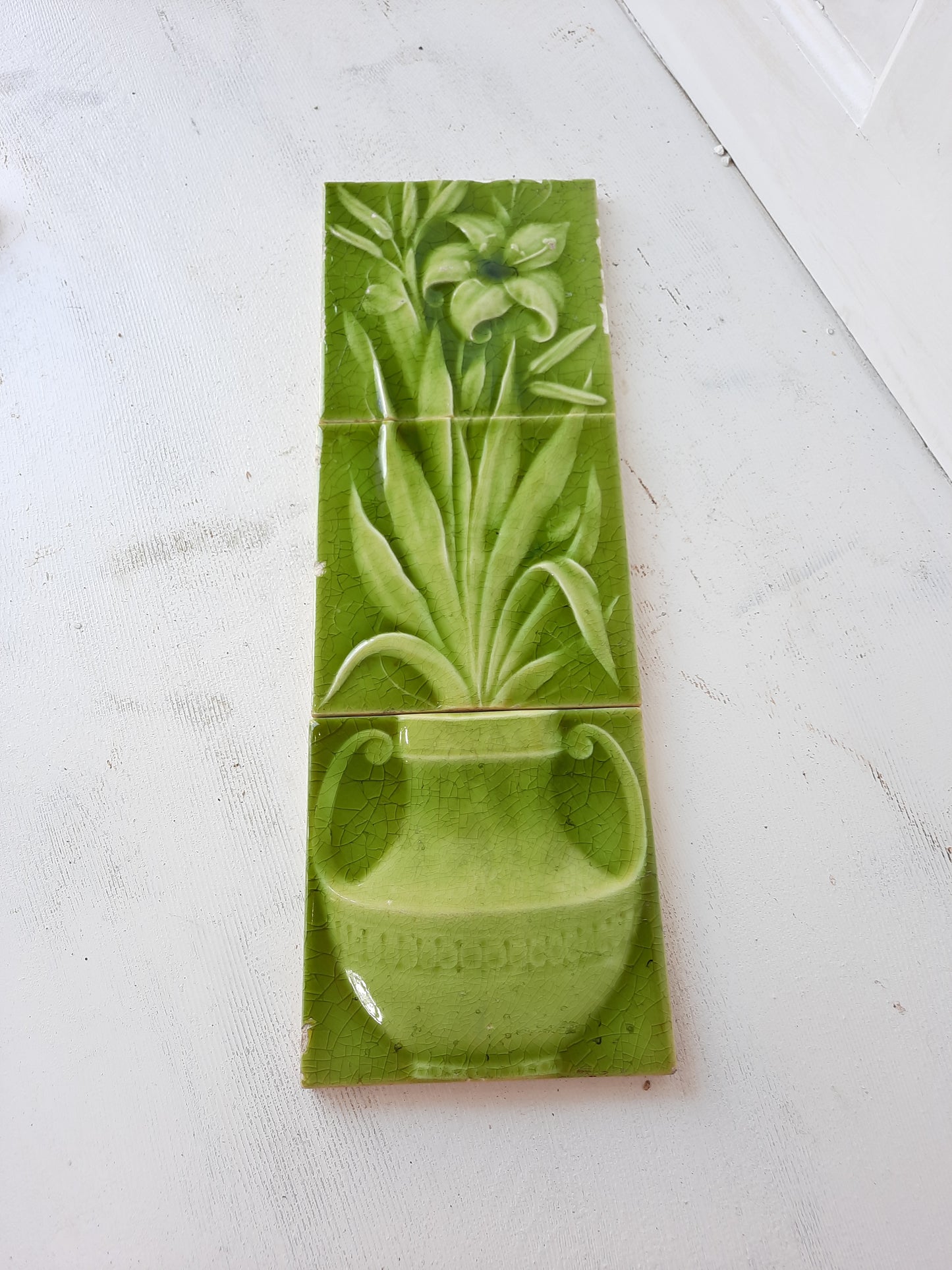 Set of AET Vase and Flower Tiles, Figural Fireplace Tile Set Green Glaze