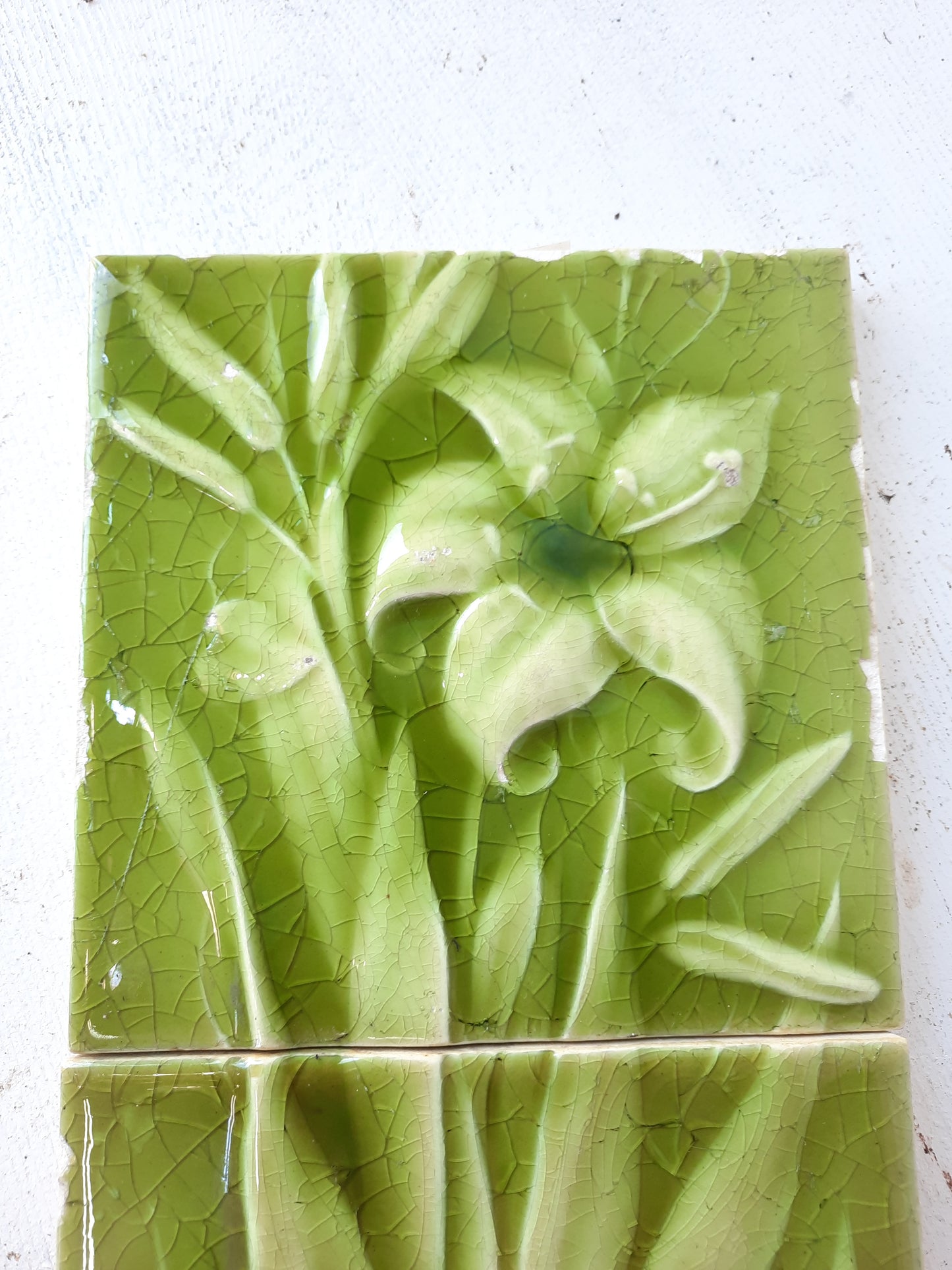 Set of AET Vase and Flower Tiles, Figural Fireplace Tile Set Green Glaze