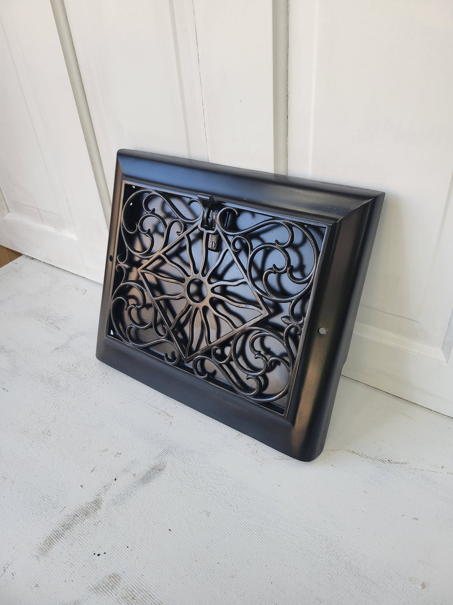 Black Cast Iron Ornate Baseboard Vent, Antique Angled Vent Cover with Damper