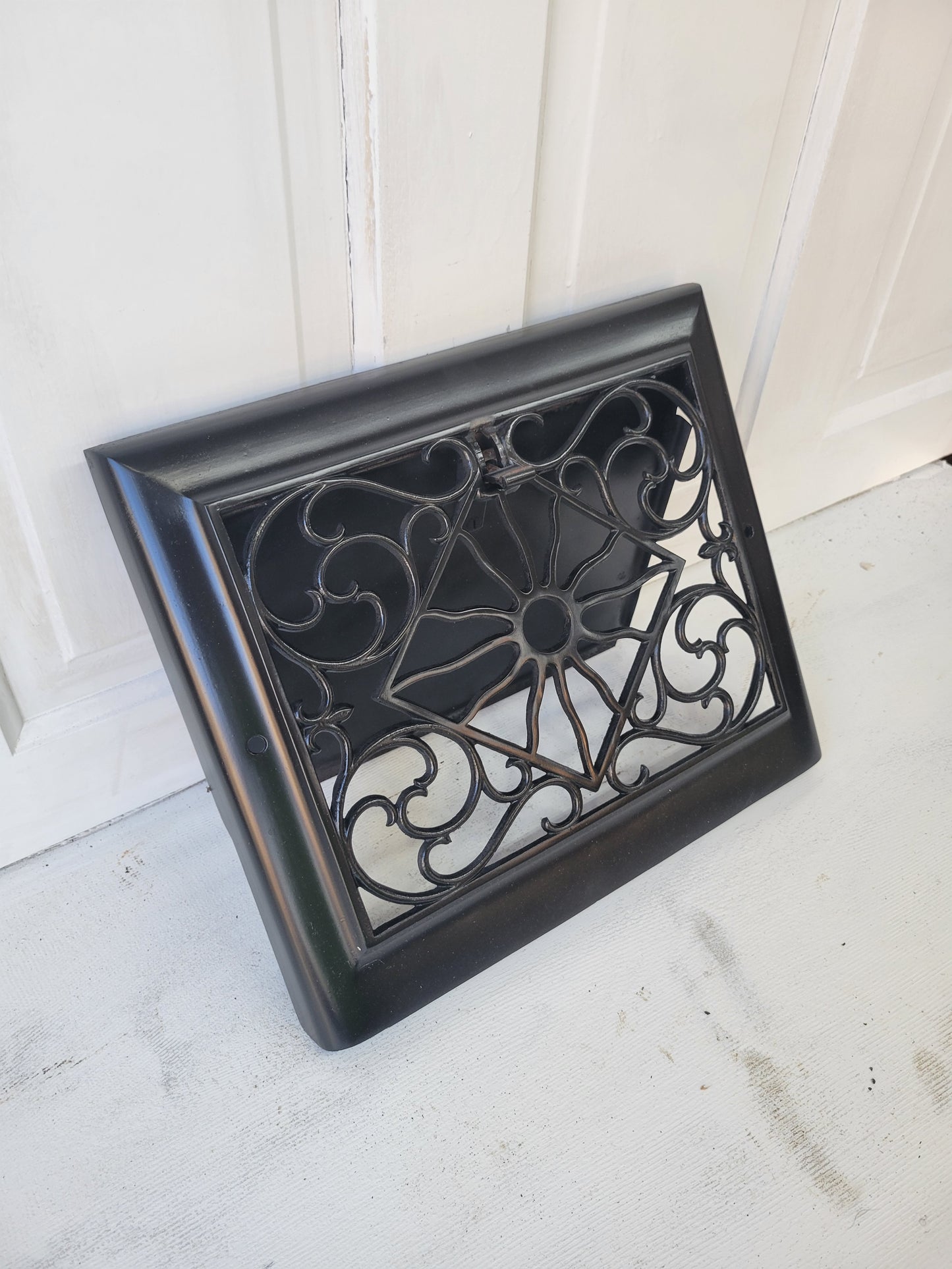 Black Cast Iron Ornate Baseboard Vent, Antique Angled Vent Cover with Damper