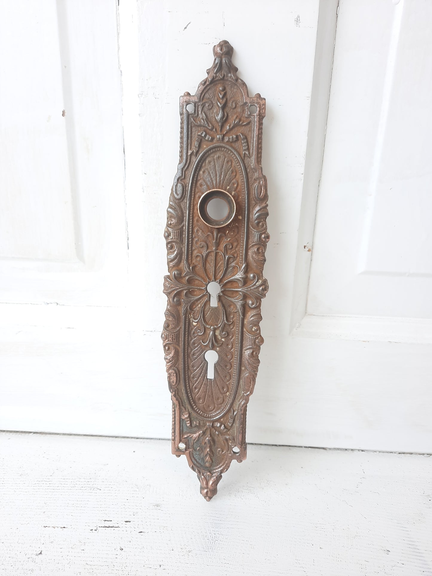 Antique Solid Bronze Entry Backplate, Double Keyhole Front Door Plate