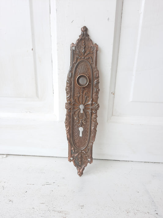 Antique Solid Bronze Entry Backplate, Double Keyhole Front Door Plate