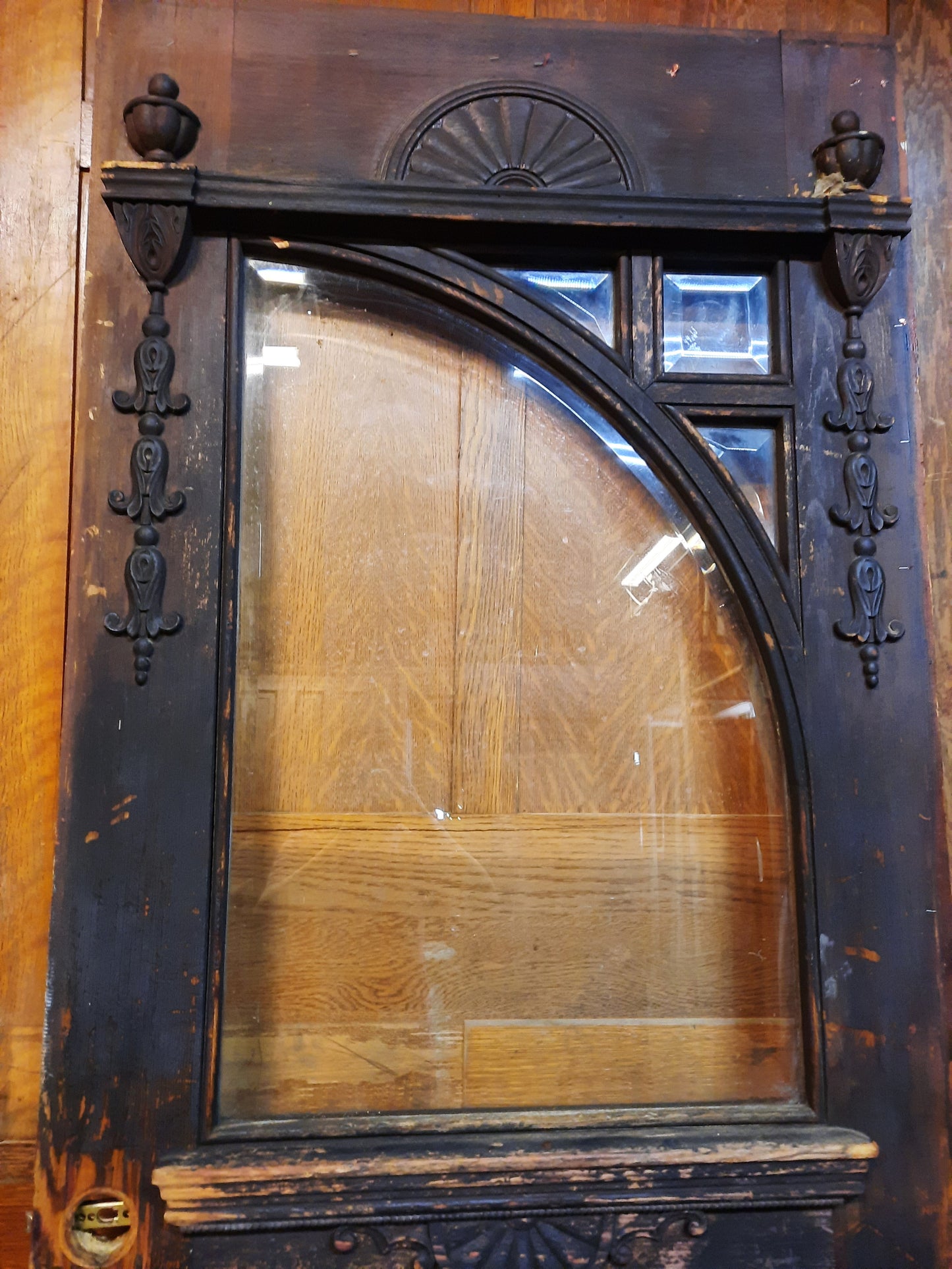 Eastlake Entry Door with Beveled Asymmetrical Window, Antique Front Door with Raised Carvings