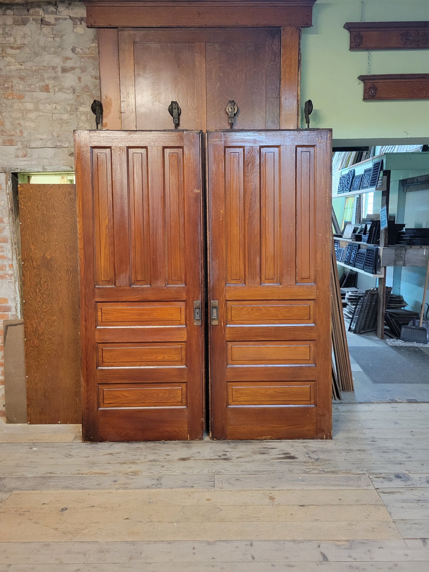 72" Wide Antique Double Pocket Door Set, Set of Large Wood Rolling Doors