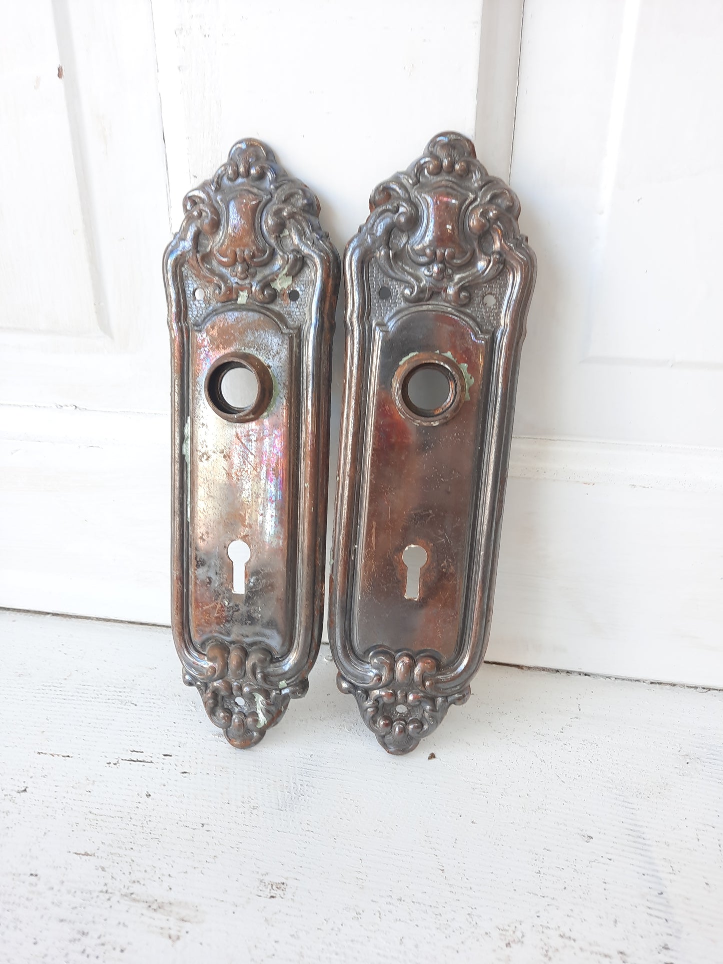Set of Art Nouveau Plates and Doorknobs, Door Escutcheons with Knobs, Complete Door Hardware Set of Knobs and Backplates 022304