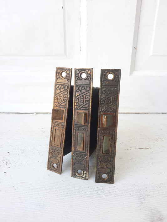 Three Ceylon Pattern Eastlake Design Mortise Locks, Aesthetic Pattern Victorian Door Locks