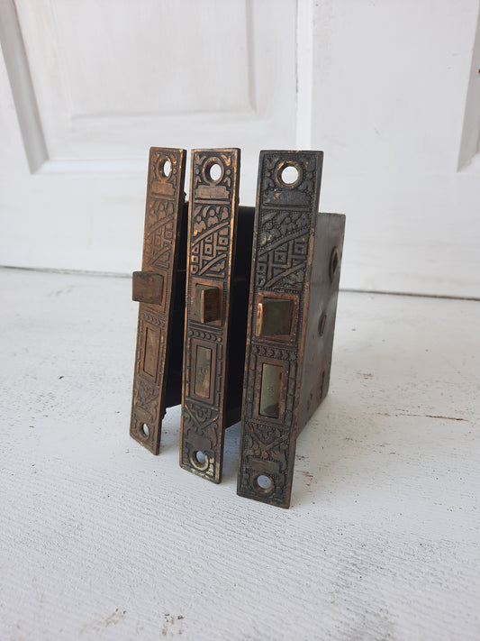 Three Ceylon Pattern Eastlake Design Mortise Locks, Aesthetic Pattern Victorian Door Locks