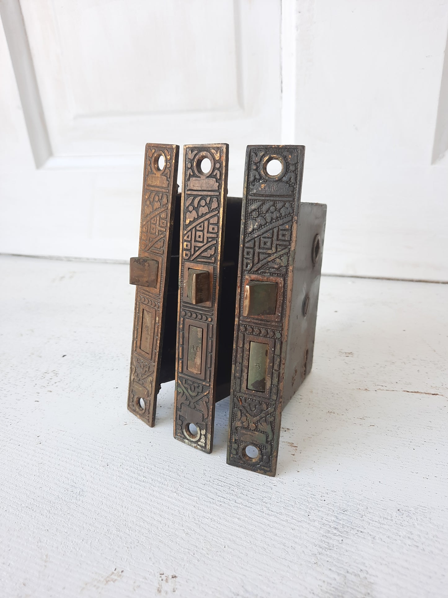 Three Ceylon Pattern Eastlake Design Mortise Locks, Aesthetic Pattern Victorian Door Locks