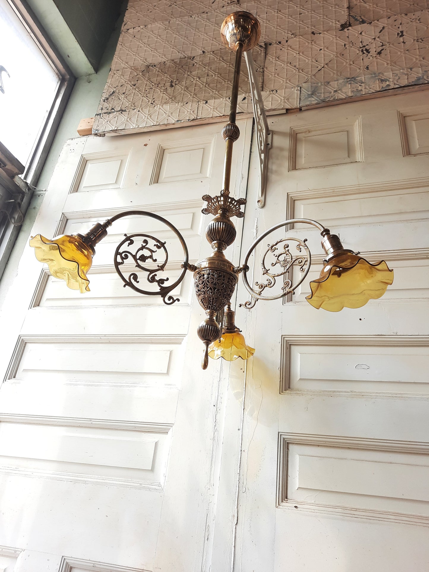 Early Brass and Yellow Glass Electric Chandelier, Large Curved Arm Ornate Chandelier