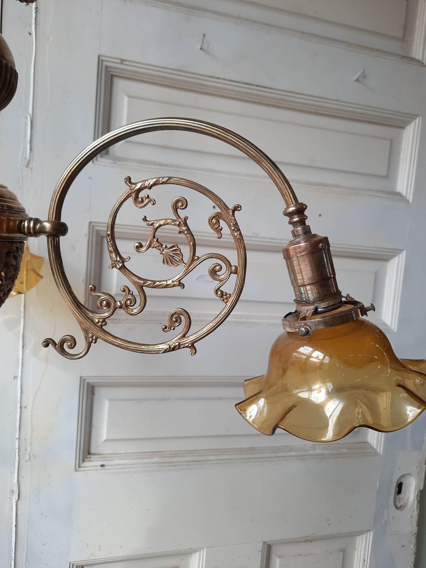 Early Brass and Yellow Glass Electric Chandelier, Large Curved Arm Ornate Chandelier