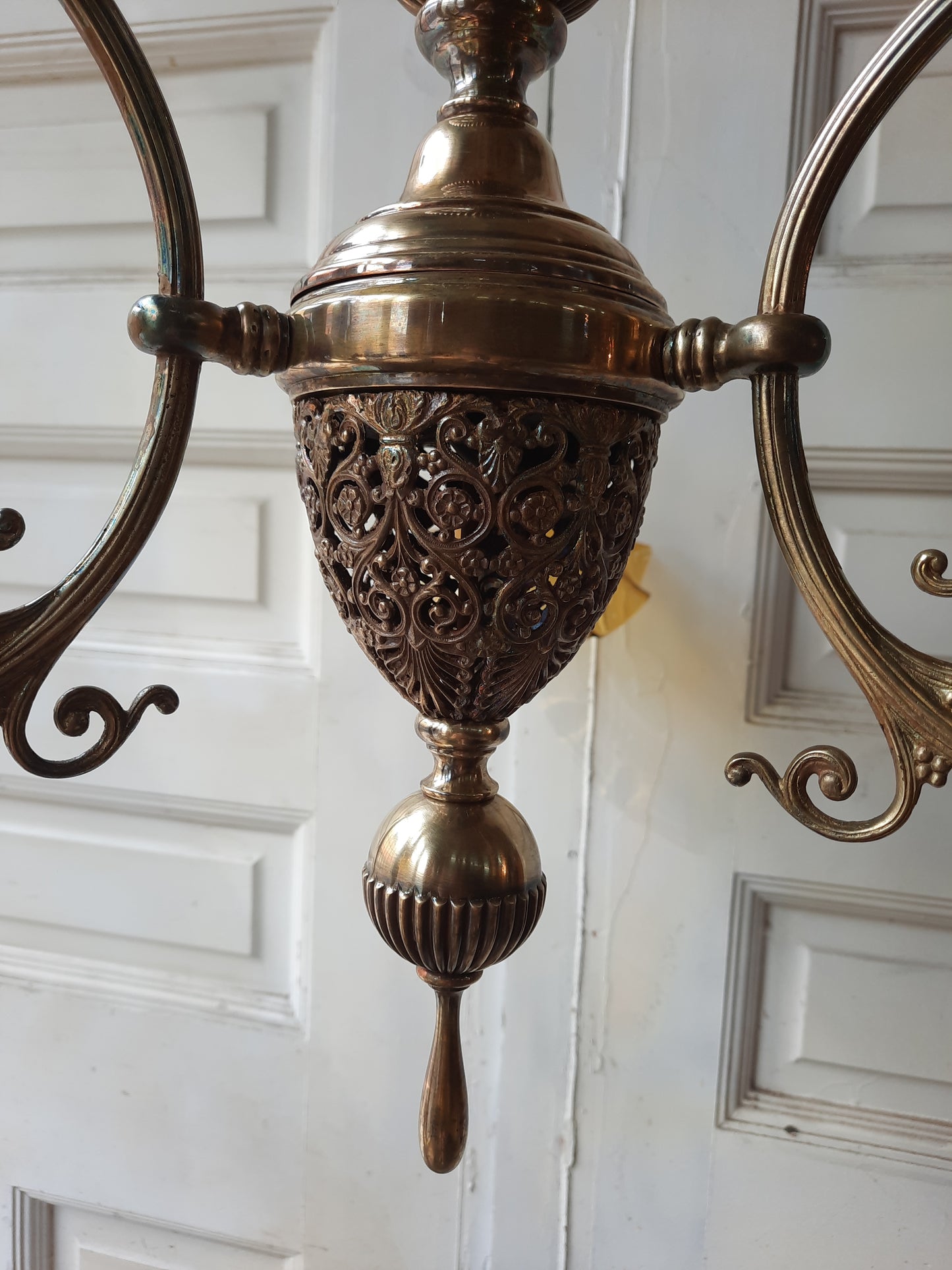 Early Brass and Yellow Glass Electric Chandelier, Large Curved Arm Ornate Chandelier