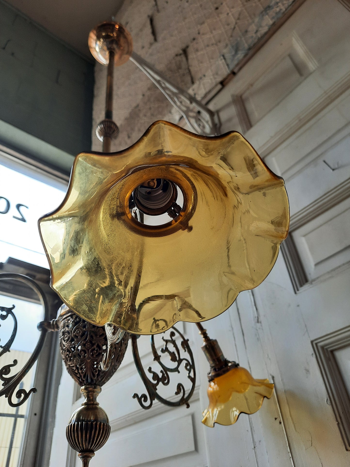 Early Brass and Yellow Glass Electric Chandelier, Large Curved Arm Ornate Chandelier