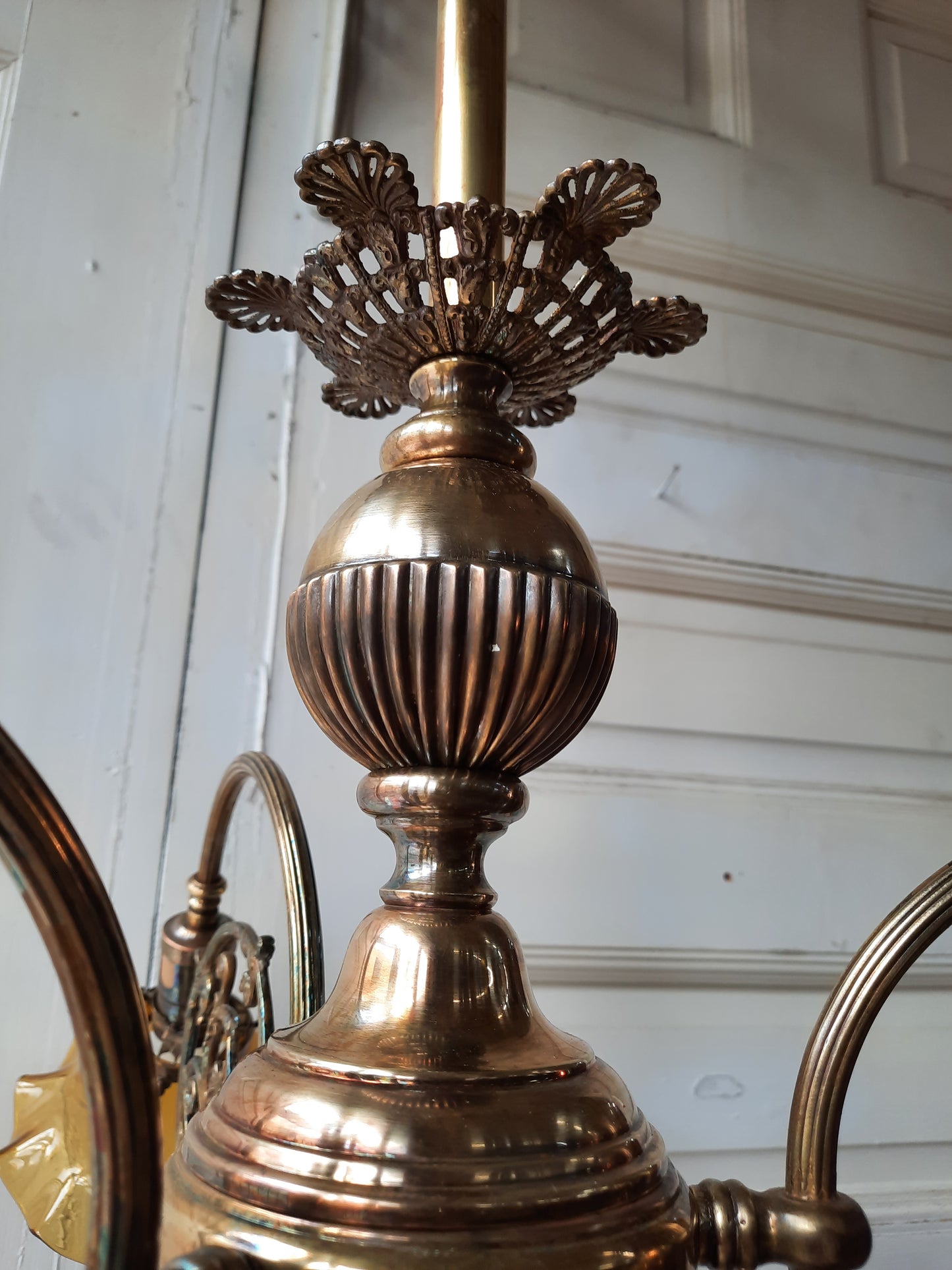 Early Brass and Yellow Glass Electric Chandelier, Large Curved Arm Ornate Chandelier