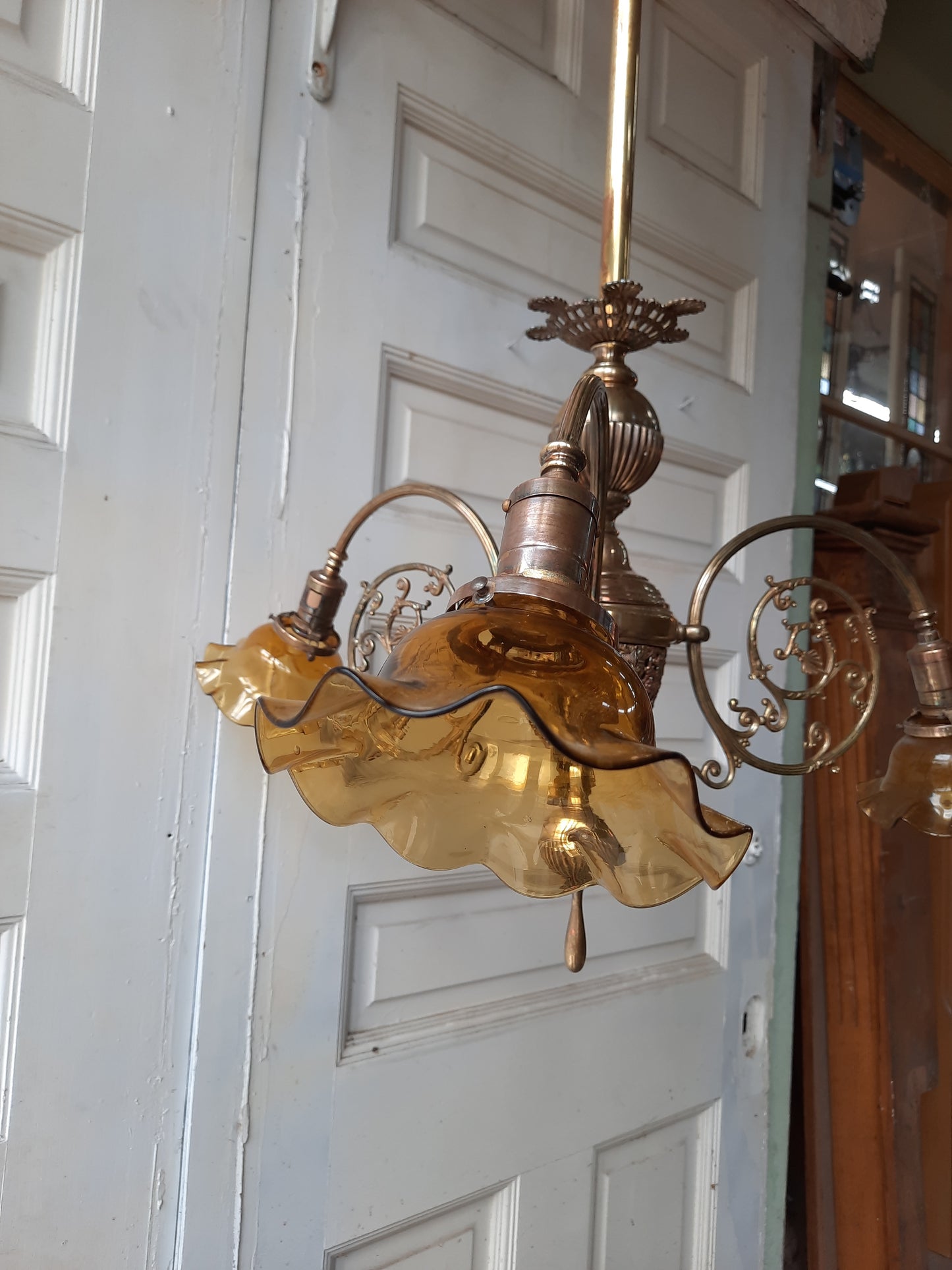 Early Brass and Yellow Glass Electric Chandelier, Large Curved Arm Ornate Chandelier