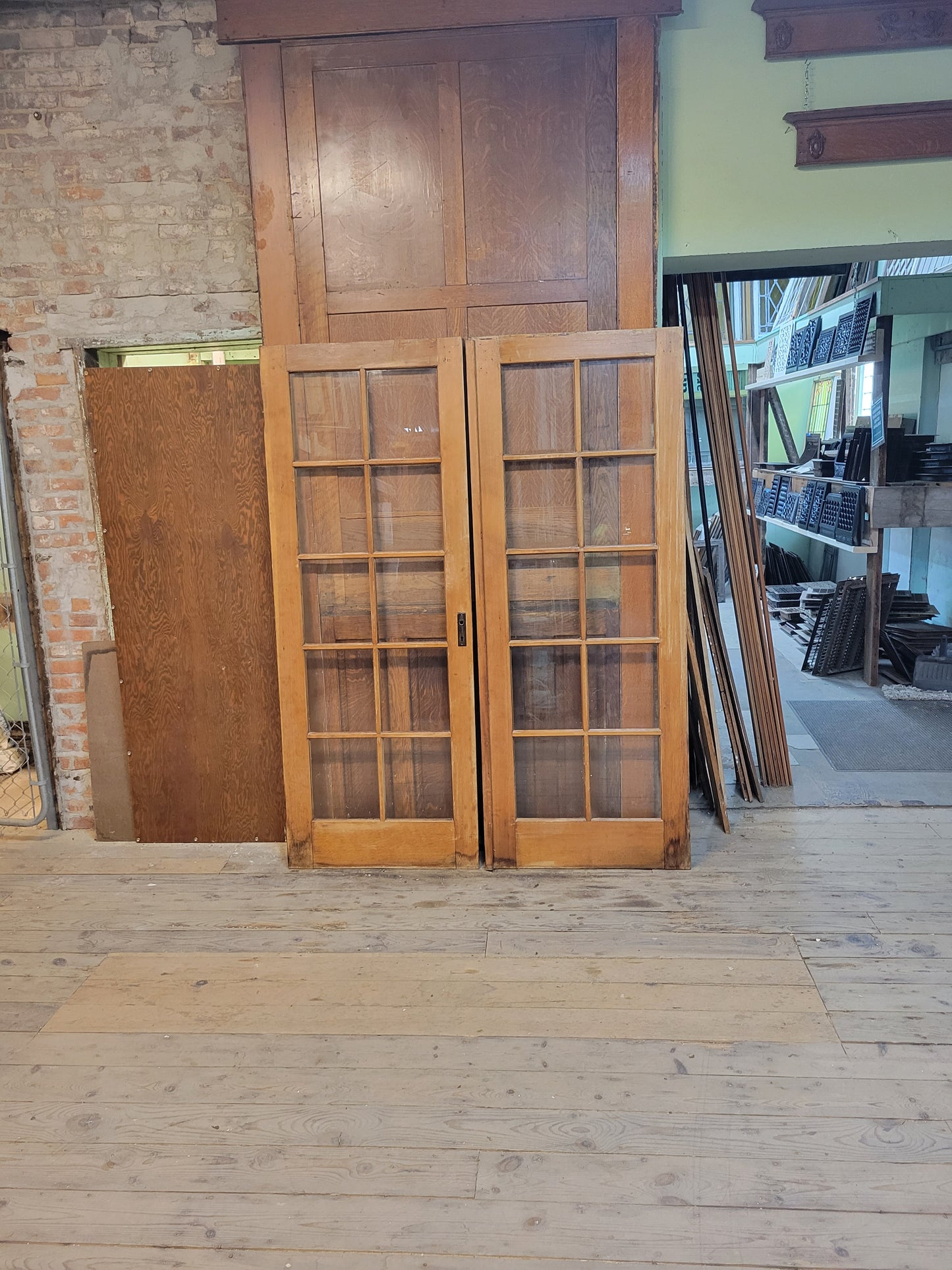 60" Antique Wood French Door Pair, Set of Glass 10 Pane Double Doors