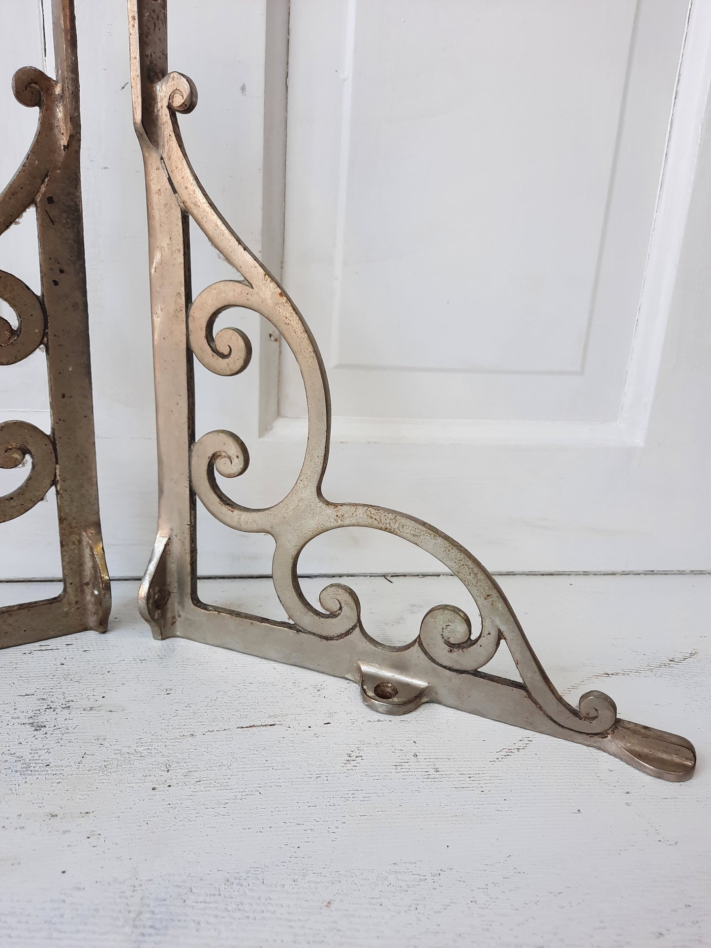 Pair of Nickel Plated Silver Shelf Brackets, Ornate Design Scroll Cast Iron Shelf Supports