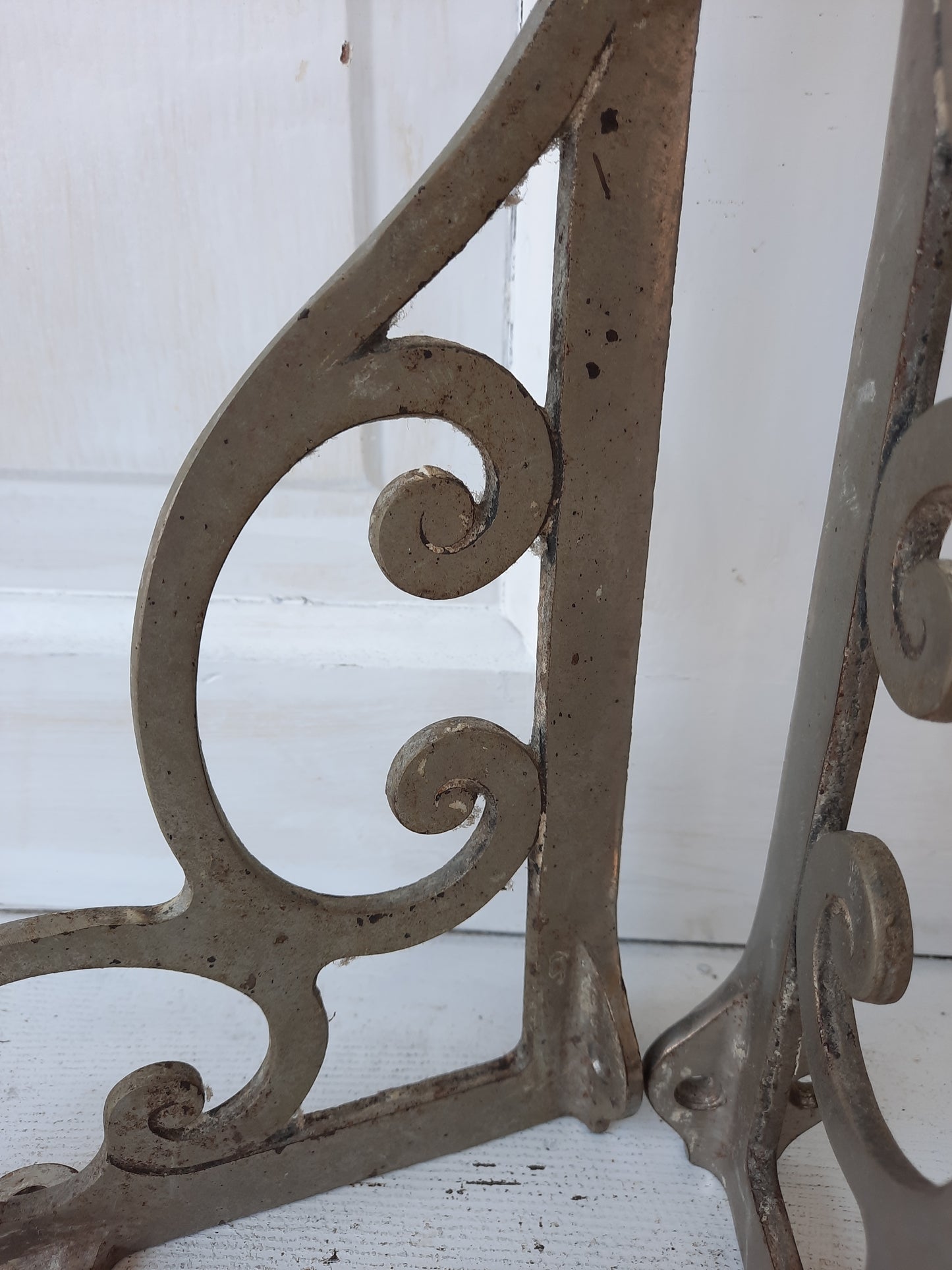 Pair of Nickel Plated Silver Shelf Brackets, Ornate Design Scroll Cast Iron Shelf Supports