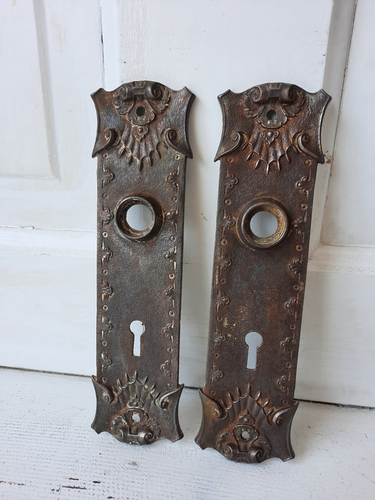 Antique Cast Iron Backplates with Floral Design, Ornate Victorian Doorknob Escutcheons