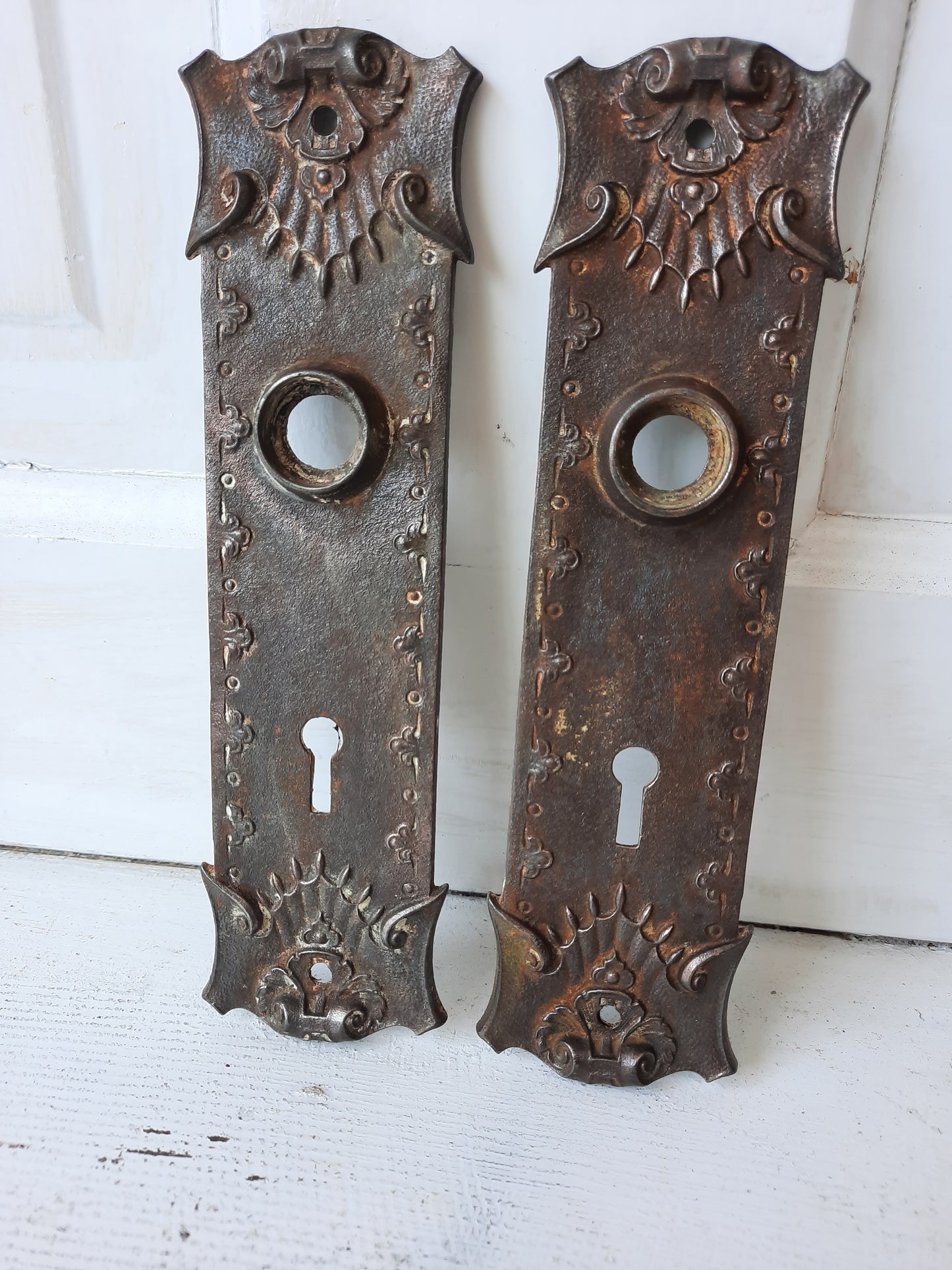 Antique Cast Iron Backplates with Floral Design, Ornate Victorian Doorknob Escutcheons