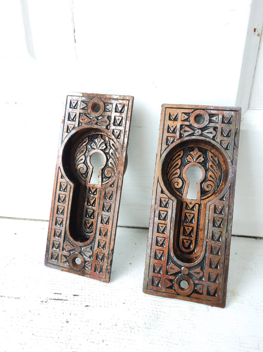 Iron and Brass Plated Stamped Pocket Door Pulls, Eastlake Style Antique Rolling Door Handles