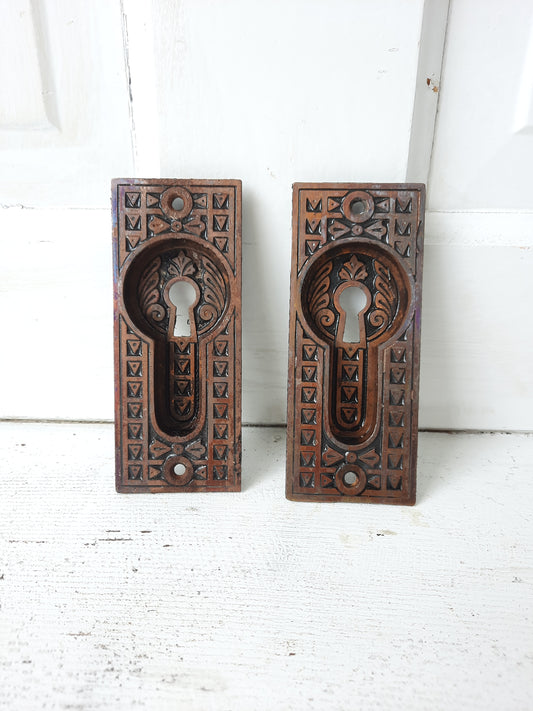 Iron and Brass Plated Stamped Pocket Door Pulls, Eastlake Style Antique Rolling Door Handles