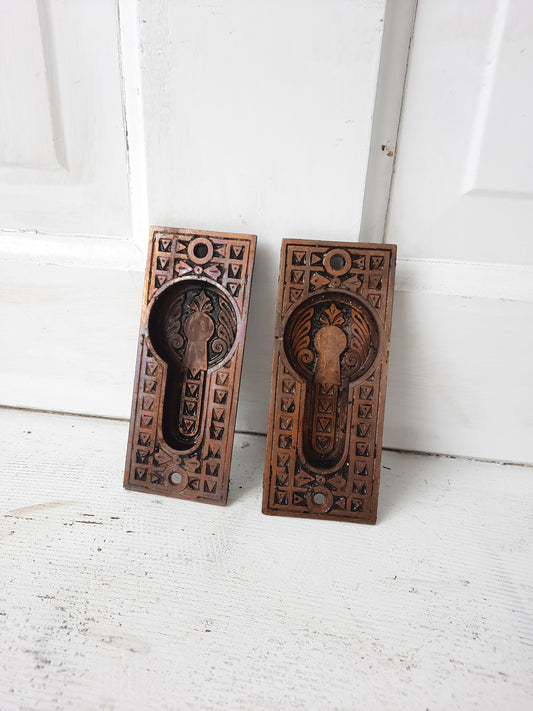 Iron and Brass Plated Stamped Pocket Door Pulls, Eastlake Style Antique Rolling Door Handles