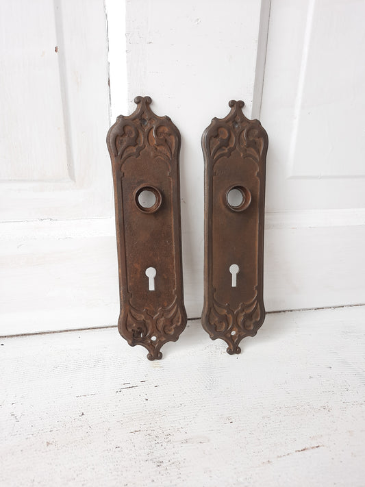 Two Gothic Style Iron Backplates, Ornate Cast Iron Doorknob Back Plates