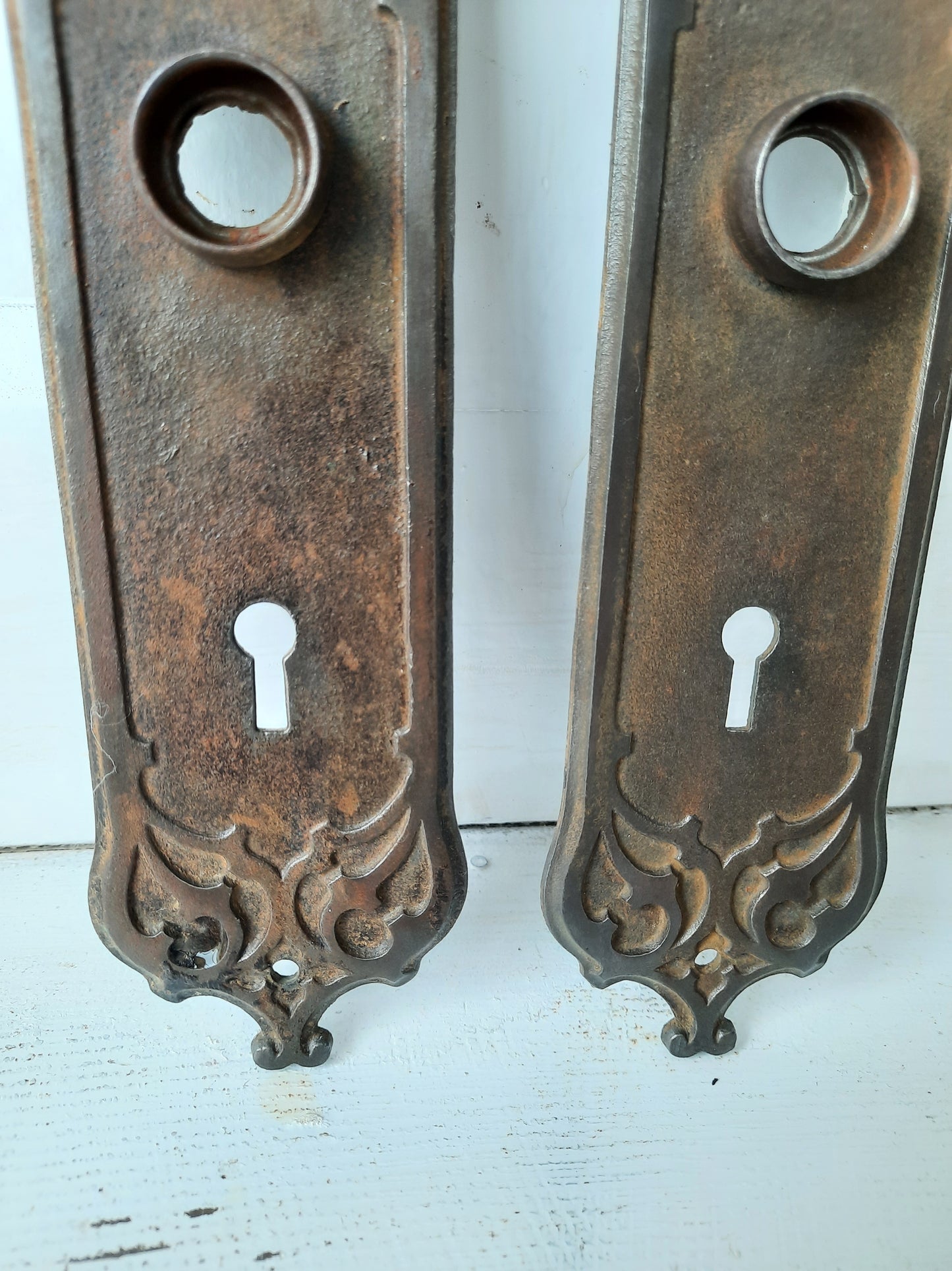 Two Gothic Style Iron Backplates, Ornate Cast Iron Doorknob Back Plates