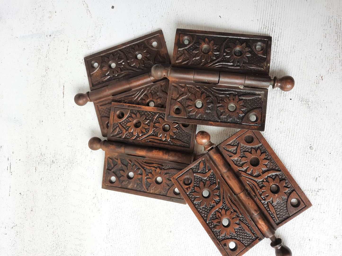 Two Ornate 4x4 Antique Hinges, Victorian Iron Ornate Pattern Door Hinges