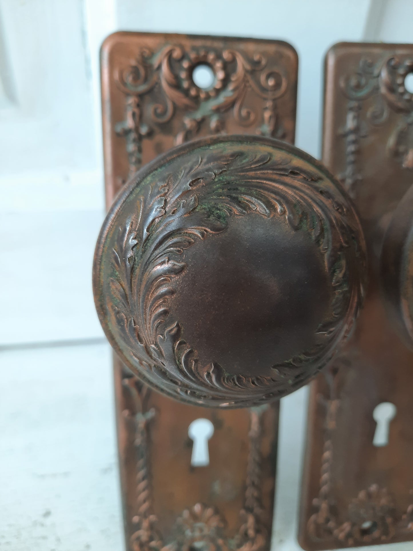 Victorian Era Bronze or Brass Hardware Set, Antique Flower Design Door Knobs and Plates