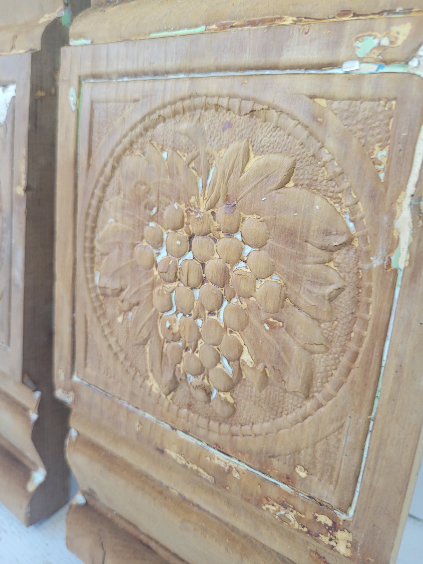 Pressed Pattern Plinth Blocks with Grape Design, Antique Wood Trim with Carved Grapes #070301