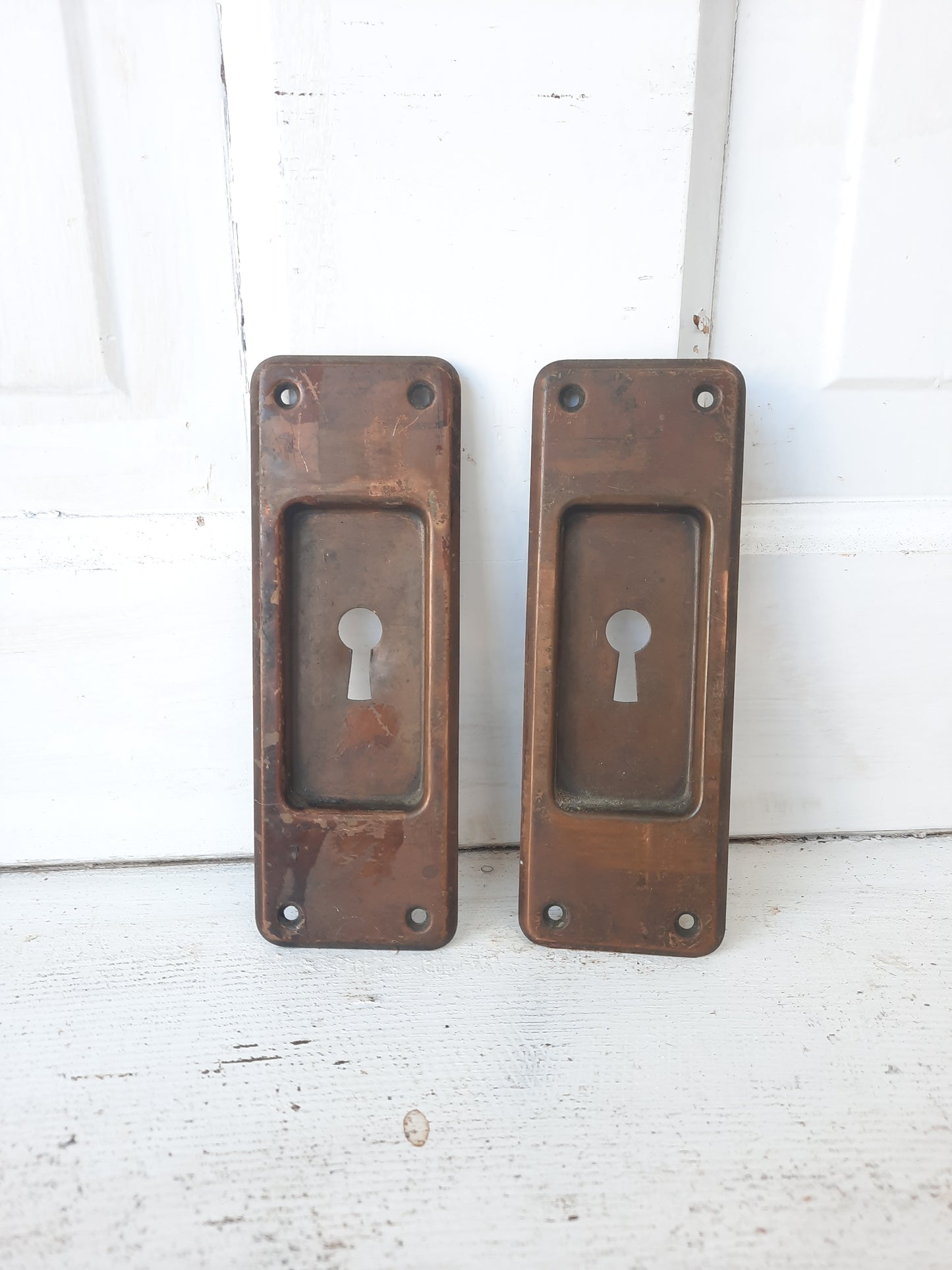 Pair of Stamped Brass Pocket Door Pulls, Handles for Rolling or Antique Pocket Door