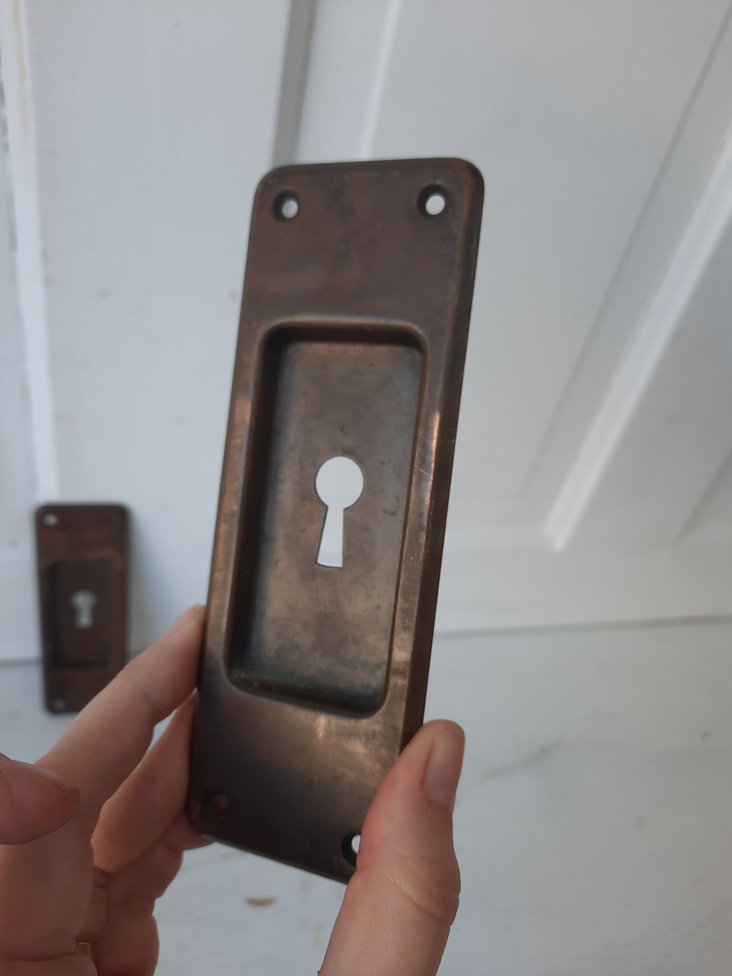 Pair of Stamped Brass Pocket Door Pulls, Handles for Rolling or Antique Pocket Door