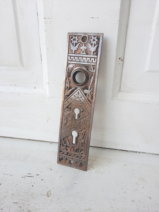 Eastlake Oriental Pattern Bronze Entry Backplate by Branford, Double Keyhole Front Door Plate