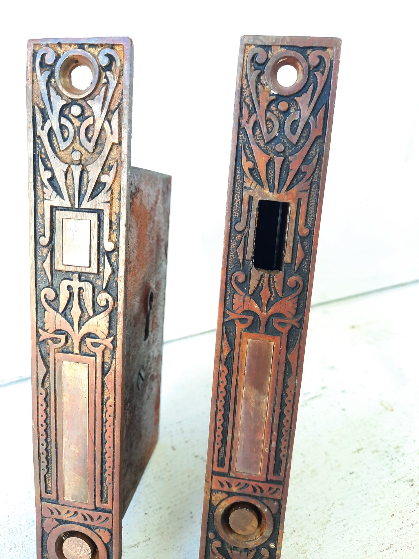 Pair of Ornate Antique Pocket Door Mortise Lock, Double Rolling Door Lock Working Condition