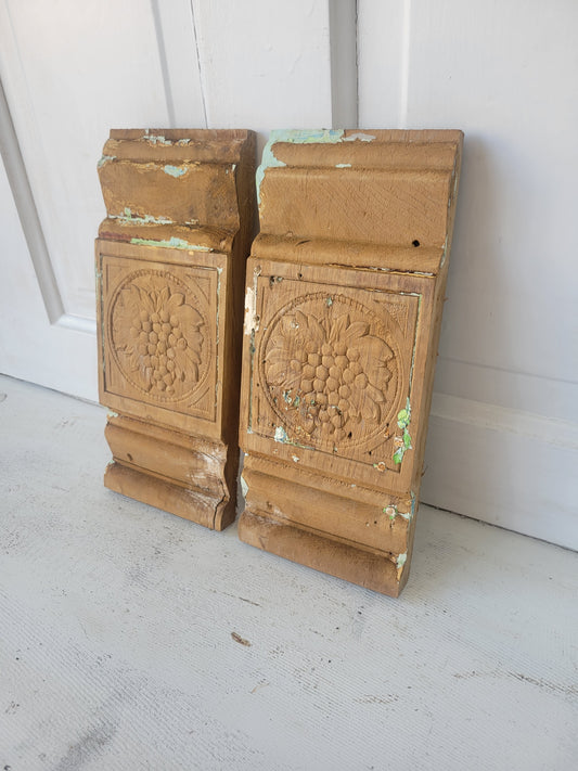 Pair Pressed Pattern Plinth Blocks with Grape Design, Antique Wood Trim with Carved Grapes #071401